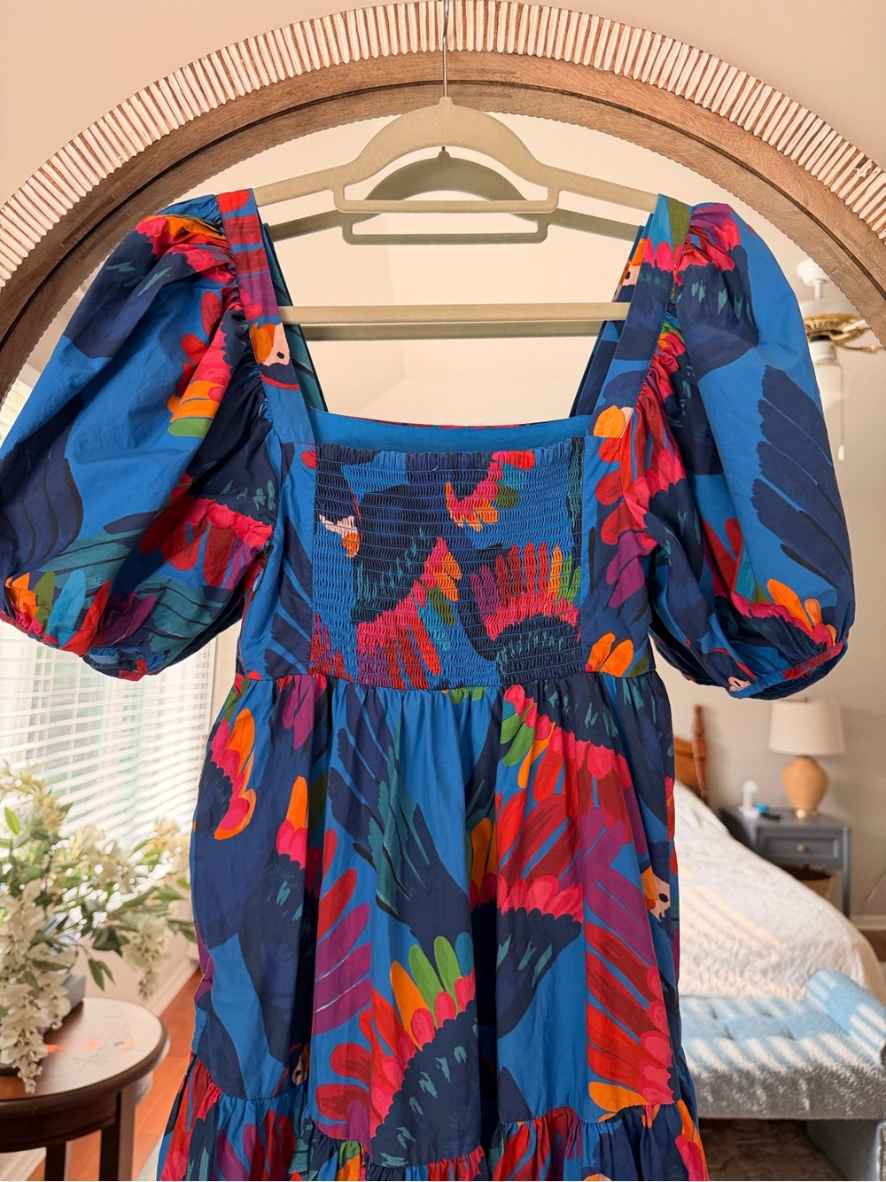 Farm Rio XS Rainbow Macaw Mini Dress Babydoll Smocked Back Puff Sleeve Cotton - Picture 8 of 12
